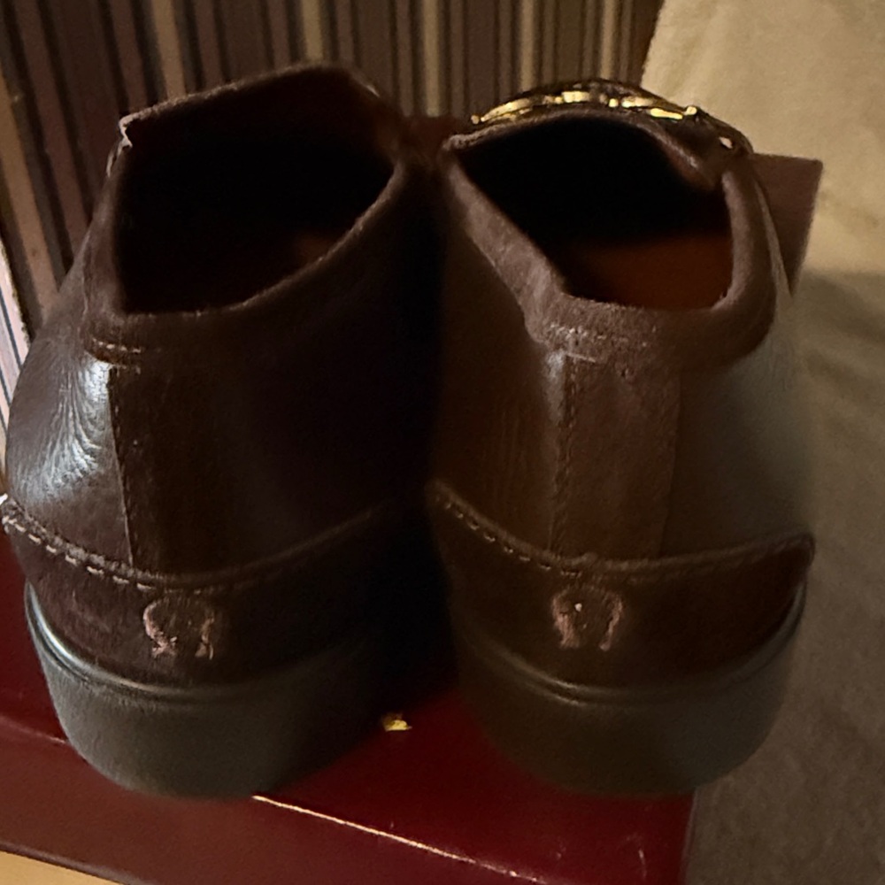 Etienne Aigner Dark Brown Leather Loafers with Gold Tone Hardware - Picture 3 of 6